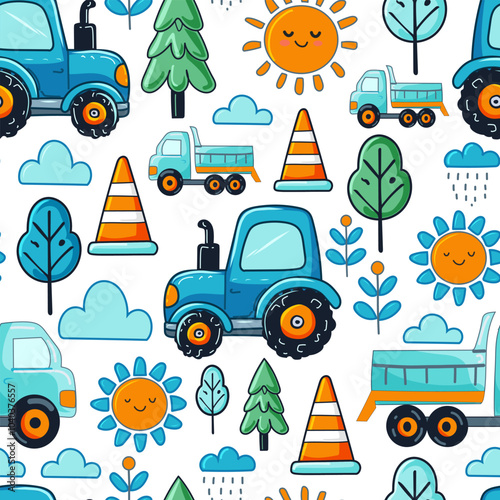 Vector seamless pattern with cute blue tractors. Pattern for bedroom, wallpaper, kids and baby wear.