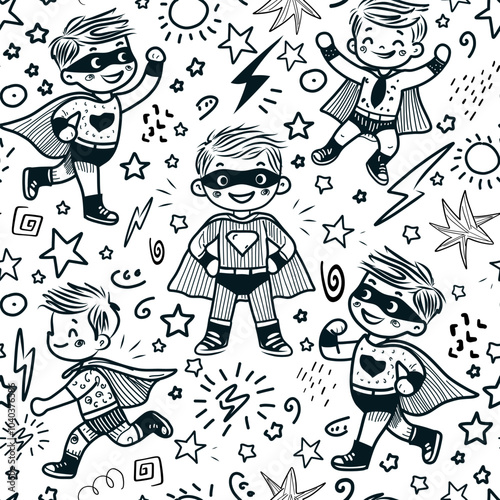 Seamless pattern with cute boy hero. Creative childish texture in scandinavian style. Great for fabric, textile Vector Illustration