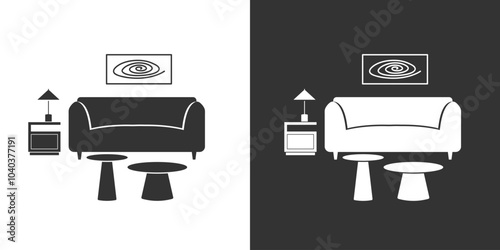 Flat furniture icon with a sofa. Black and white. Fragment of the interior.