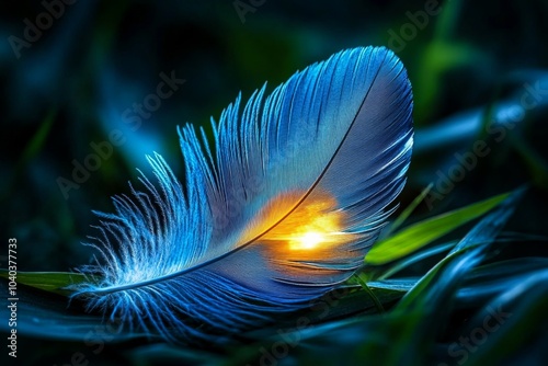 Close-up of a cerulean feather, with soft textures and a delicate, ethereal glow from the light filtering through