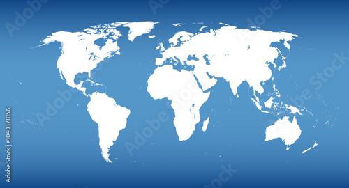 World map with steel blue gradients. White silhouette of the landmasses of the world except Antarctica, with a blue gradient that gets darker at the top and bottom, to use as background. Illustration.