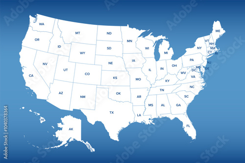 The United States of America, blue political map. Map with silhouettes of the fifty states and postal abbreviations, and with the federal District of Columbia, as it is used for statistics. Vector.