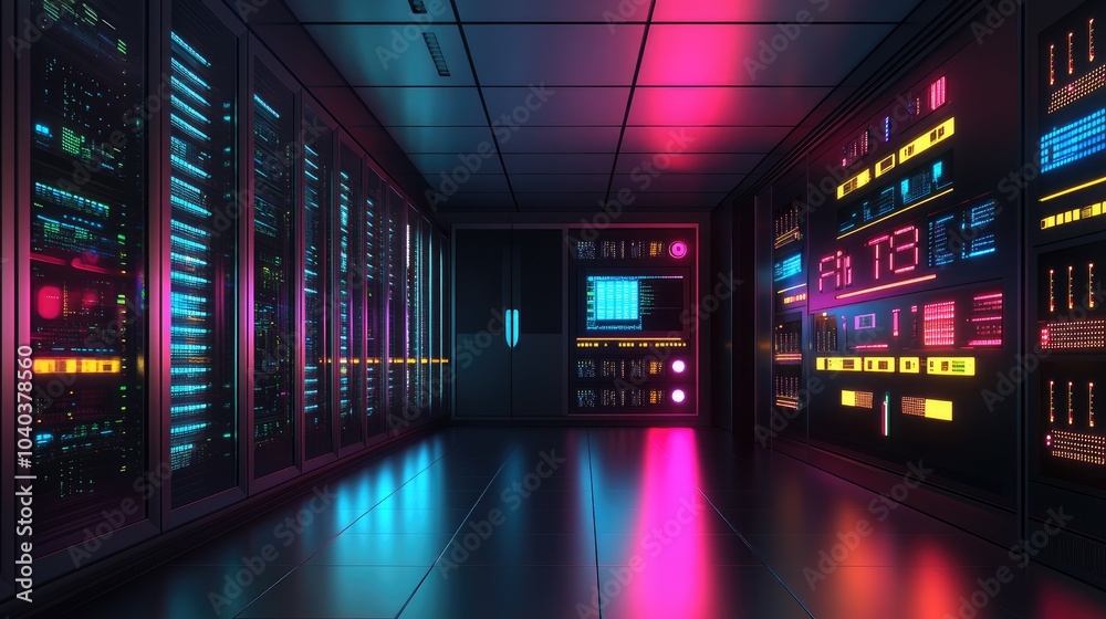 Fototapeta premium Dynamic server room with neon lights and high-tech equipment enhancing modern data management environment