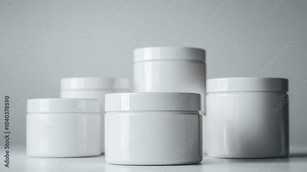 A cluster of five white jars elegantly grouped under soft lighting, emphasizing an aura of harmony and sophistication, ideal for cosmetics or home storage. A cluster of five white jars elegantly grouped under soft lighting, emphasizing an aura of harmony and sophistication, ideal for cosmetics or home storage.
