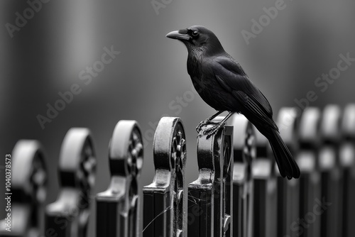 Crow perched on a spooky fence, surrounded by cobwebs and fog, with an ominous feel in the moonlit night photo