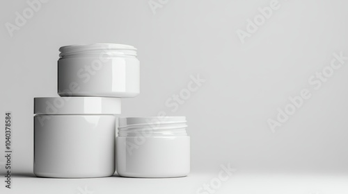 Minimalist image featuring three white cosmetic jars stacked against a plain backdrop, highlighting simplicity and elegance in design for skincare products.