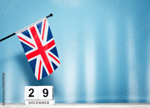 December Calendar With British Flag With Number 29. Calendar cubes with numbers. Copy space.