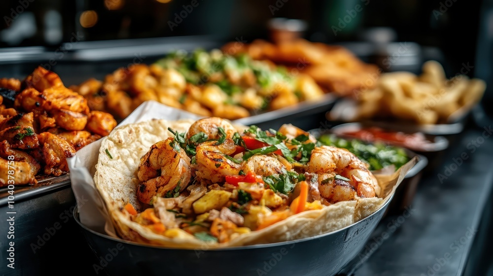 An appetizing gourmet taco packed with juicy shrimp, fresh toppings, and vibrant garnishes served on a delicate tortilla, presented elegantly on a sleek metal tray. An appetizing gourmet taco packed with juicy shrimp, fresh toppings, and vibrant garnishes served on a delicate tortilla, presented elegantly on a sleek metal tray.