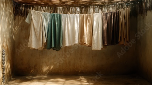 An array of colorful fabrics hangs gracefully on a line inside a rustic room, with sunlight filtering through a bamboo mat ceiling, creating a warm ambiance. photo