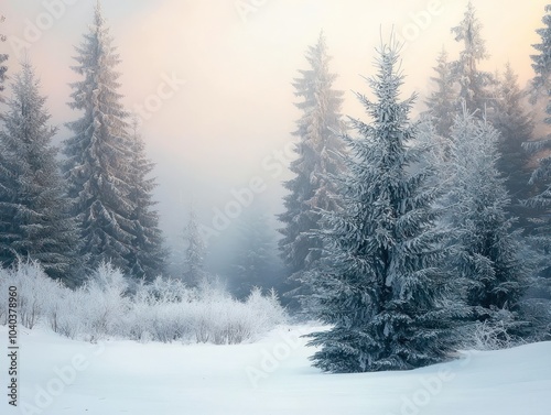 Frosty winter landscape featuring a snowy forest with fir trees and a soft focus background