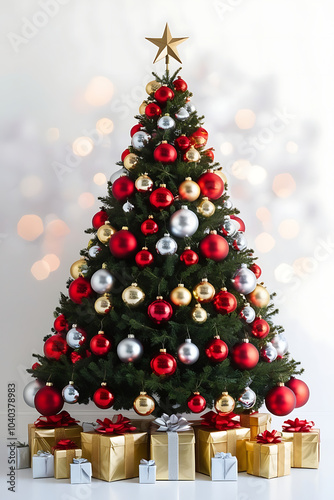 Christmas tree with presents, Christmas tree decorations, christmas tree with lights, Xmas copy-space