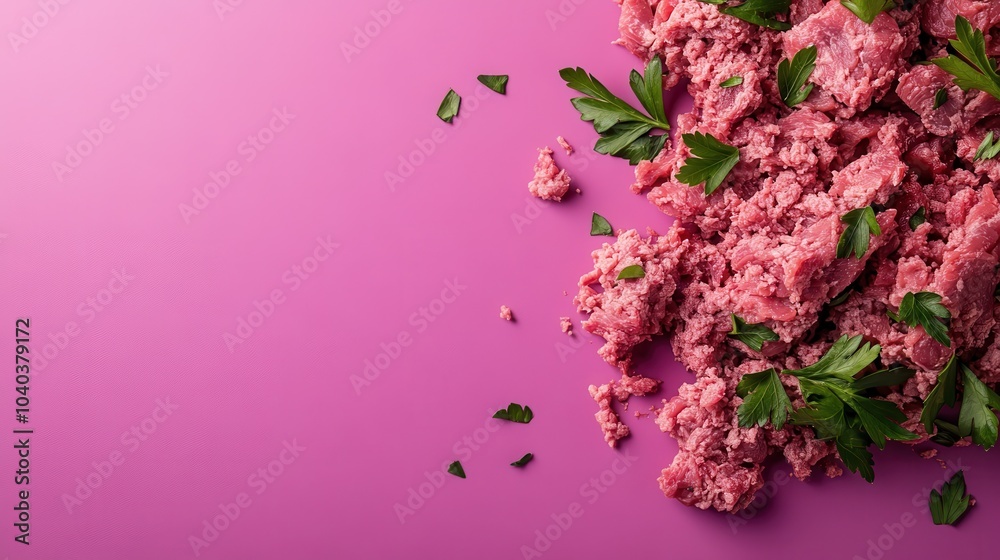 Freshly minced meat accompanied by vibrant green herbs lies on a bright pink surface, creating a striking contrast and showcasing the beauty of simple ingredients.