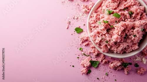 An artistic presentation of pink textured food garnished with herbs in a white bowl on a pink surface, creating a modern and vibrant visual appeal. photo