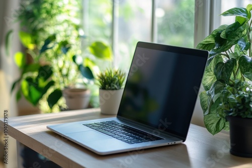 A modern laptop rests on a light wooden desk, surrounded by vibrant green plants and natural light filling the airy space. Generative AI