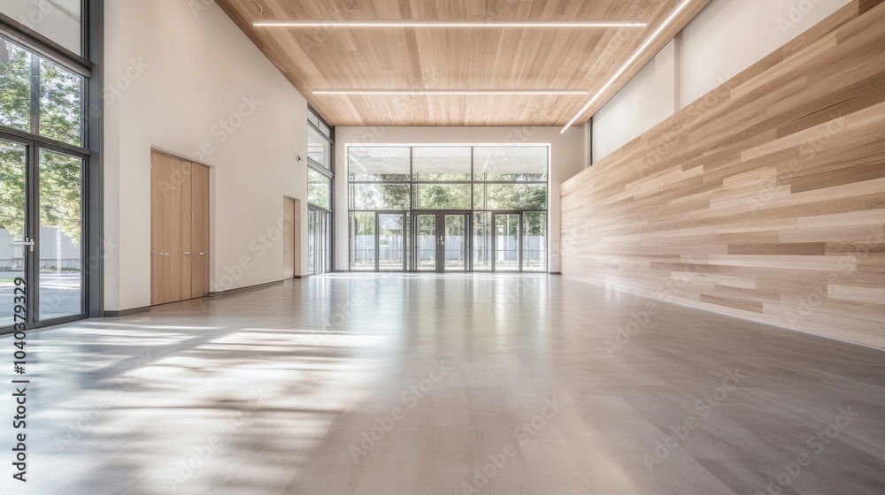 A spacious and modern hallway featuring wooden paneling, large glass doors letting in abundant light, and a sleek ceiling, creating a vibrant and contemporary vibe. A spacious and modern hallway featuring wooden paneling, large glass doors letting in abundant light, and a sleek ceiling, creating a vibrant and contemporary vibe.