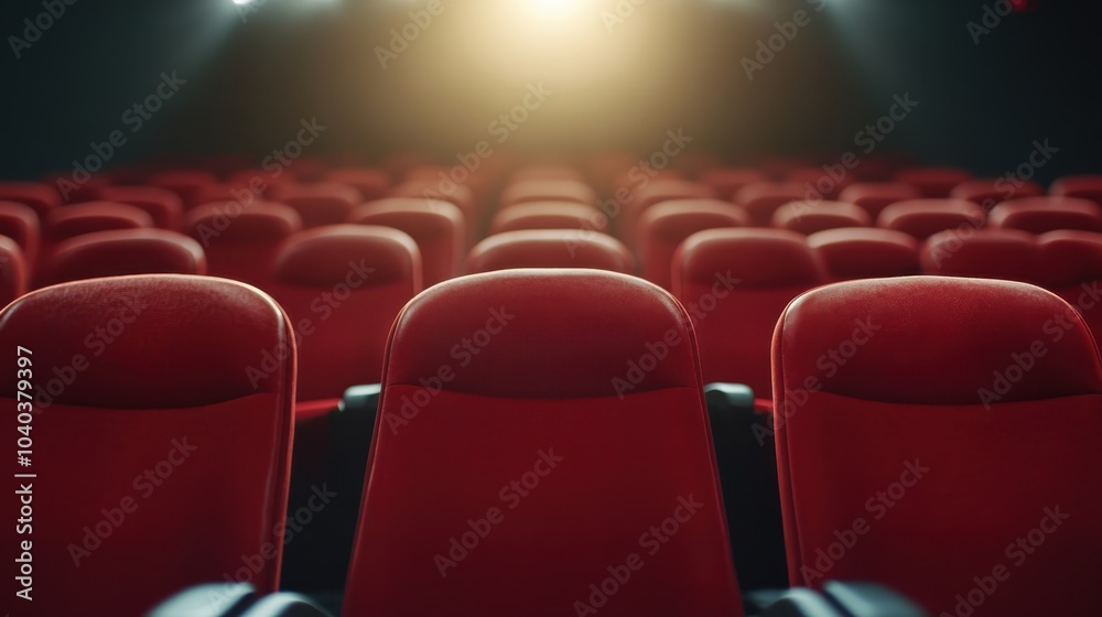 An empty cinema auditorium's red seats are peacefully lit by a gentle golden spotlight, enhancing the tranquil and contemplative mood of the setting. An empty cinema auditorium's red seats are peacefully lit by a gentle golden spotlight, enhancing the tranquil and contemplative mood of the setting.