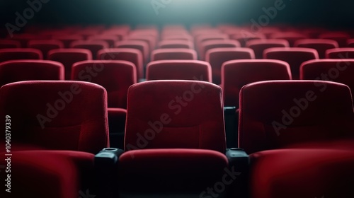 Rows of plush red velvet seats stand empty in a dimly lit theater, evoking feelings of anticipation and solitude, set against a backdrop of cinematic ambiance.