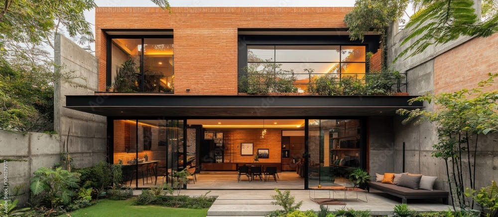 Modern house with a large patio and a brick facade. The patio is furnished with a couch and plants, and the house has large windows that let in a lot of natural light. Modern house with a large patio and a brick facade. The patio is furnished with a couch and plants, and the house has large windows that let in a lot of natural light.