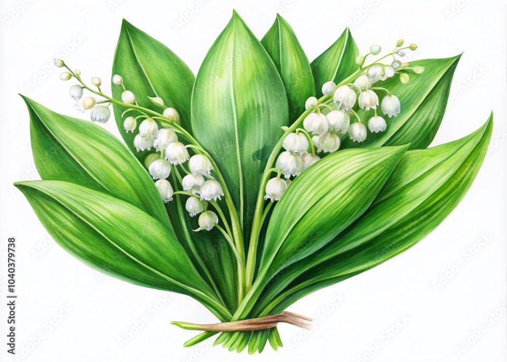 Obraz premium White Lily of the Valley Flowers on Green Stem - Realistic Botanical Watercolor Illustration