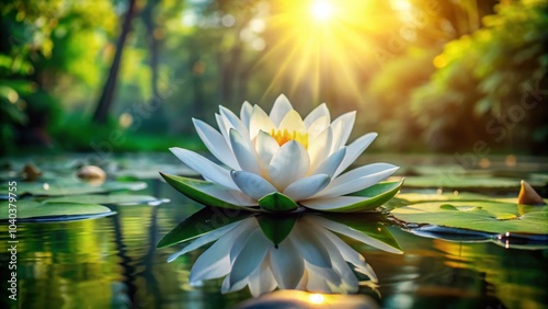White Lotus Blooming on Serene Pond Surface - Tranquil Nature Scene for Peaceful Vibes