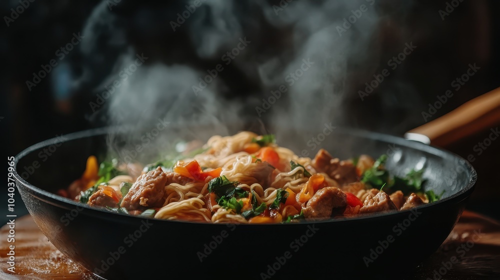 A sizzling array of noodles with colorful vegetables and hearty chunks of meat stir-fry in a dark pan, evoking sensations of warmth and satisfaction. A sizzling array of noodles with colorful vegetables and hearty chunks of meat stir-fry in a dark pan, evoking sensations of warmth and satisfaction.