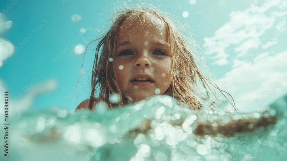 A girl partially submerged in water, her face visible amid the blues and bubbles of the sea, showing a playful moment of exploration and wonder beneath the surface. A girl partially submerged in water, her face visible amid the blues and bubbles of the sea, showing a playful moment of exploration and wonder beneath the surface.