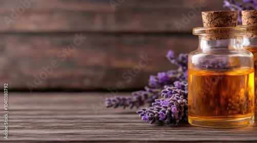 Two small glass bottles filled with yellowish lavender oil adorned with cork stoppers, accompanied by a lavender flower arrangement on rustic wooden planks. photo