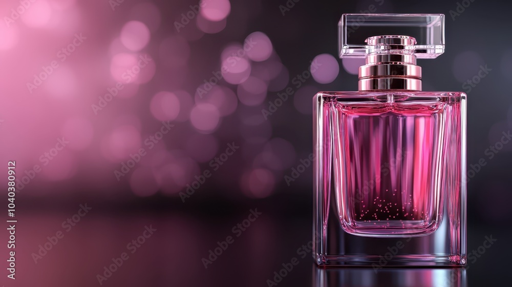 A stunning pink perfume bottle stands elegantly on a reflective pink surface, surrounded by artistic light sparkles that enhance its refined allure and charm. A stunning pink perfume bottle stands elegantly on a reflective pink surface, surrounded by artistic light sparkles that enhance its refined allure and charm.