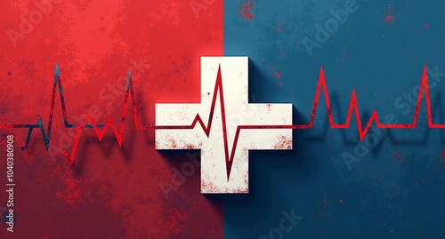 Healthcare reform in red, white, and blue with sharp contrasts, medical cross, and heartbeat lines representing national healthcare priorities. The bold imagery is enhanced by spatial layering and str