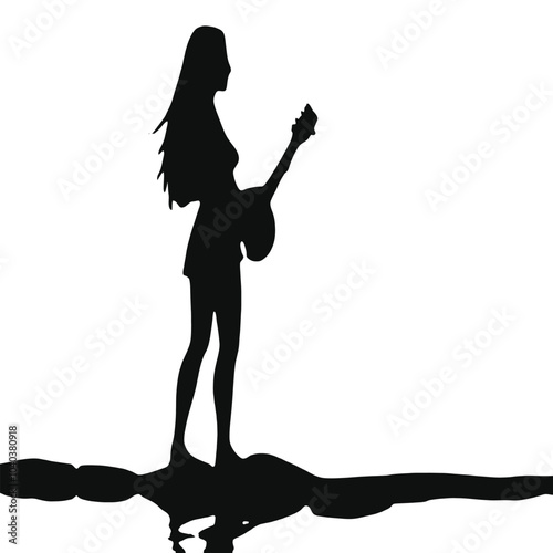 A silhouette of a young woman with long hair holding a guitar 