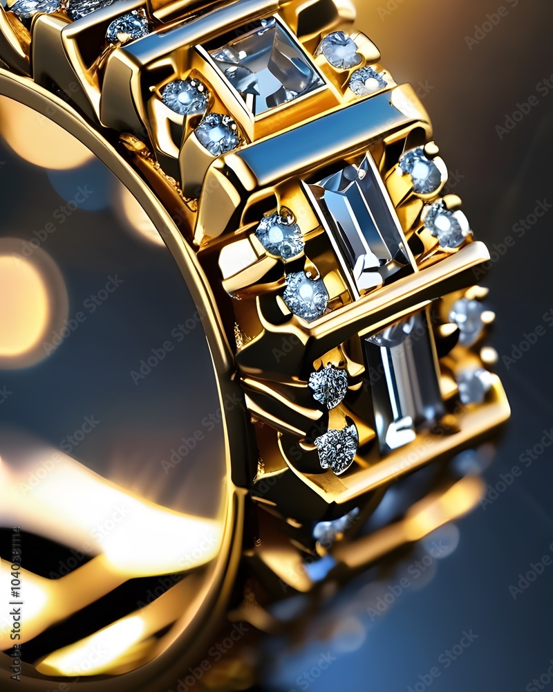 Fototapeta premium A close-up view of some radiant gold jewelry glistening with diamonds that sparkles in the morning sun. 