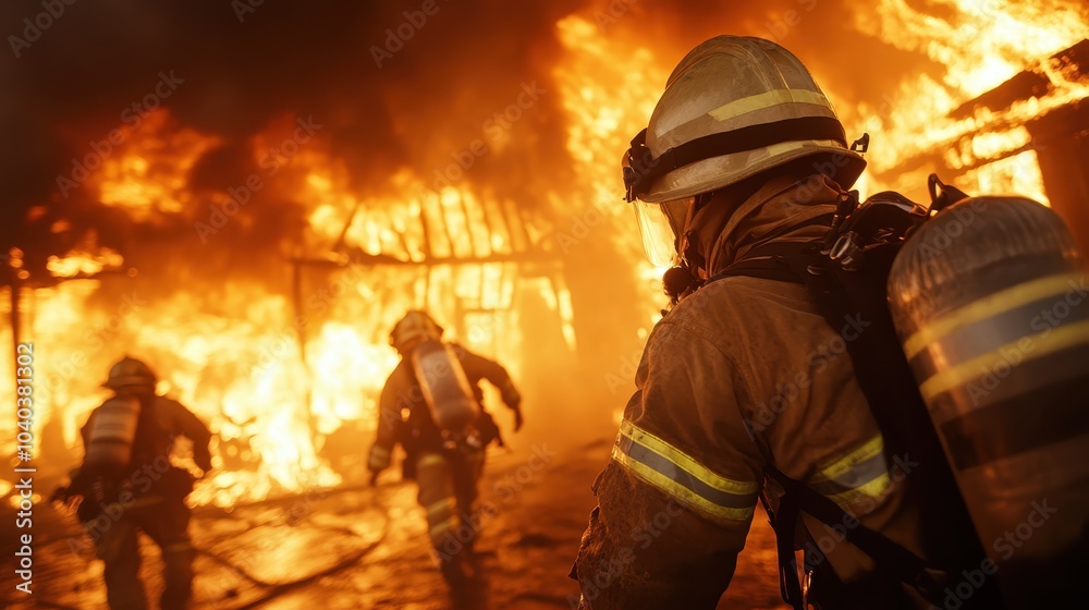 Firefighters wearing full gear and oxygen tanks bravely advance towards a raging inferno, lighting up the night with intense flames, exemplifying courage under crisis. Firefighters wearing full gear and oxygen tanks bravely advance towards a raging inferno, lighting up the night with intense flames, exemplifying courage under crisis.