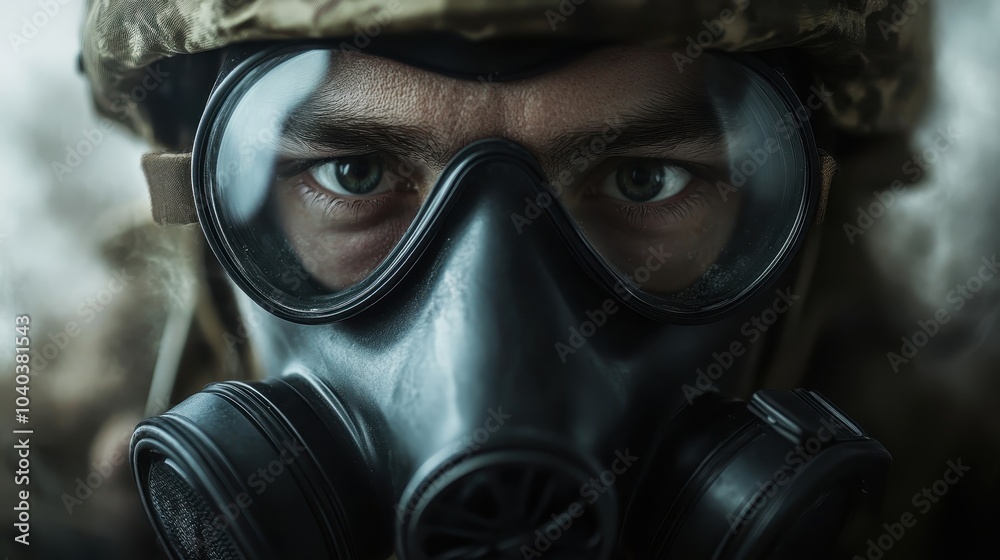 A soldier wearing a gas mask displays intense, serious eyes, highlighting vigilance and preparedness amidst chemical or environmental threats. A soldier wearing a gas mask displays intense, serious eyes, highlighting vigilance and preparedness amidst chemical or environmental threats.