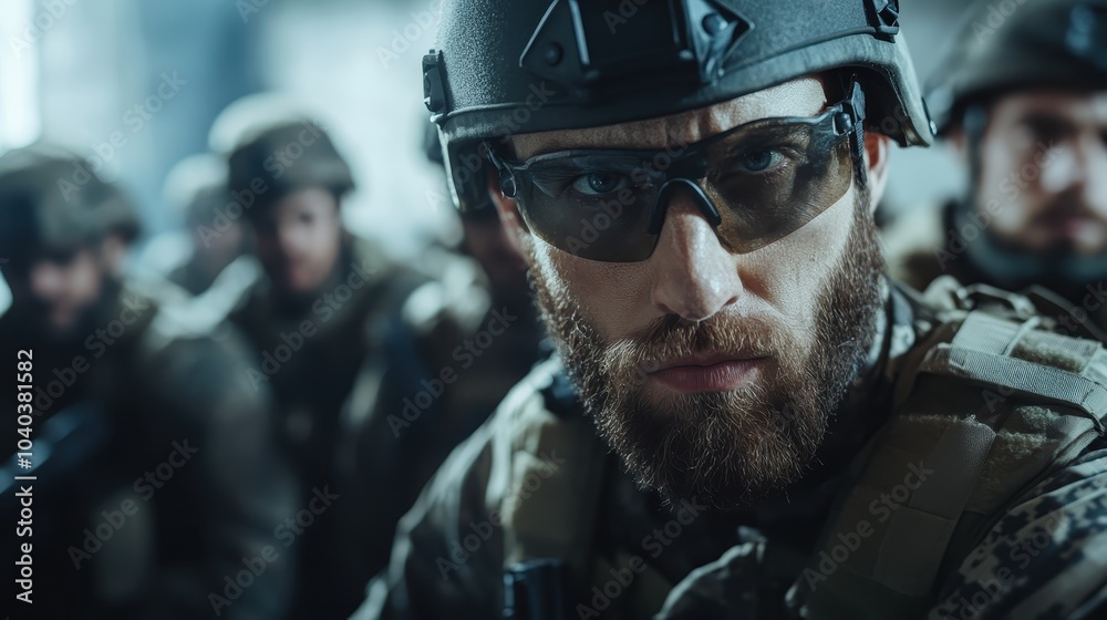 A bearded soldier in tactical gear is captured wearing a helmet with dark glasses, surrounded by a group of similarly equipped comrades. The setting is dynamic. A bearded soldier in tactical gear is captured wearing a helmet with dark glasses, surrounded by a group of similarly equipped comrades. The setting is dynamic.