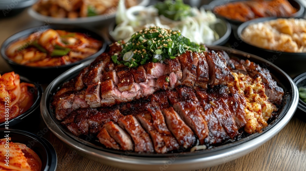 A succulent sliced steak is presented on a dark plate, topped with fresh green garnishes, creating a visually appealing and appetizing presentation. A succulent sliced steak is presented on a dark plate, topped with fresh green garnishes, creating a visually appealing and appetizing presentation.