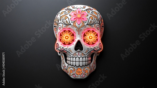 Luminous sugar skull with vibrant floral designs and glowing eyes, perfect for festive celebrations. This striking piece adds colorful touch to any decor