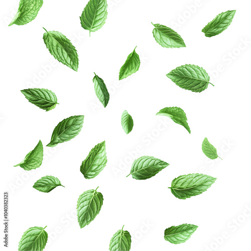 fresh green mint leaves scattered on white background, ideal for natural herbal ingredients, refreshing food decoration, or cooking visuals, cut out