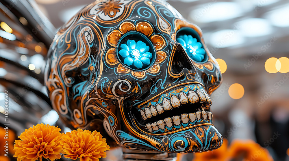 Naklejka premium Vivid sugar skull with intricate designs and glowing blue and orange accents, surrounded by marigold flowers, creating festive and colorful atmosphere