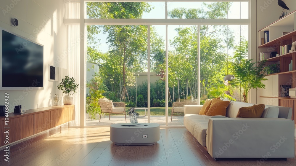 Fototapeta premium Bright and airy living room overlooking a lush outdoor garden space with modern furniture and natural light
