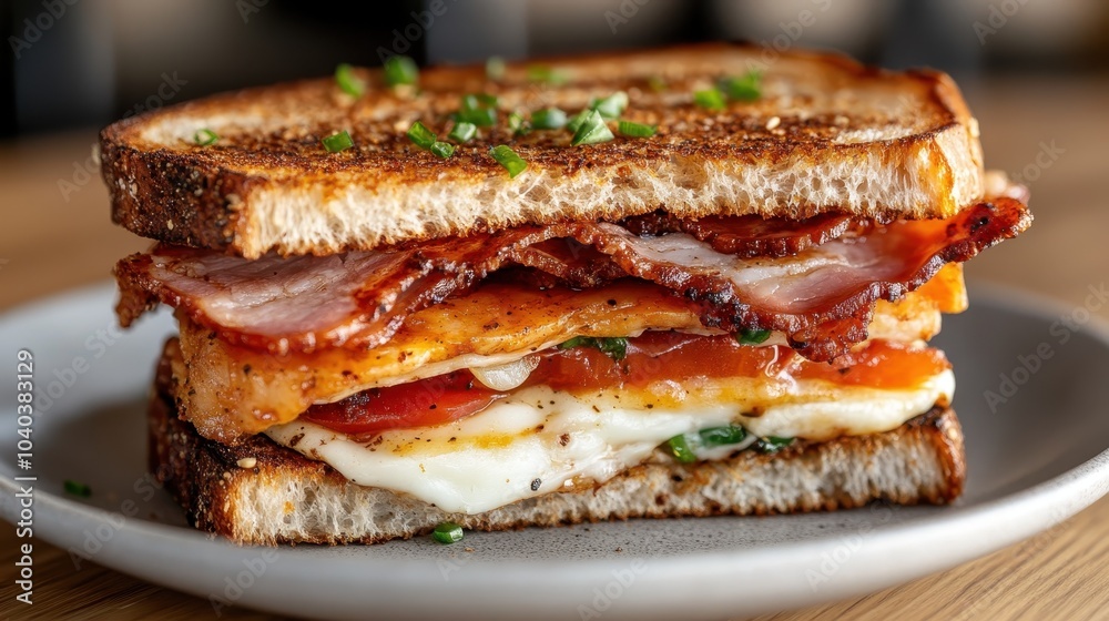 A savory sandwich delight, combining crispy bacon, melted cheese, fresh tomatoes, and perfectly cooked eggs between two golden brown slices of bread.