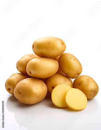 potato whole and sliced scattered around background concept isolated white