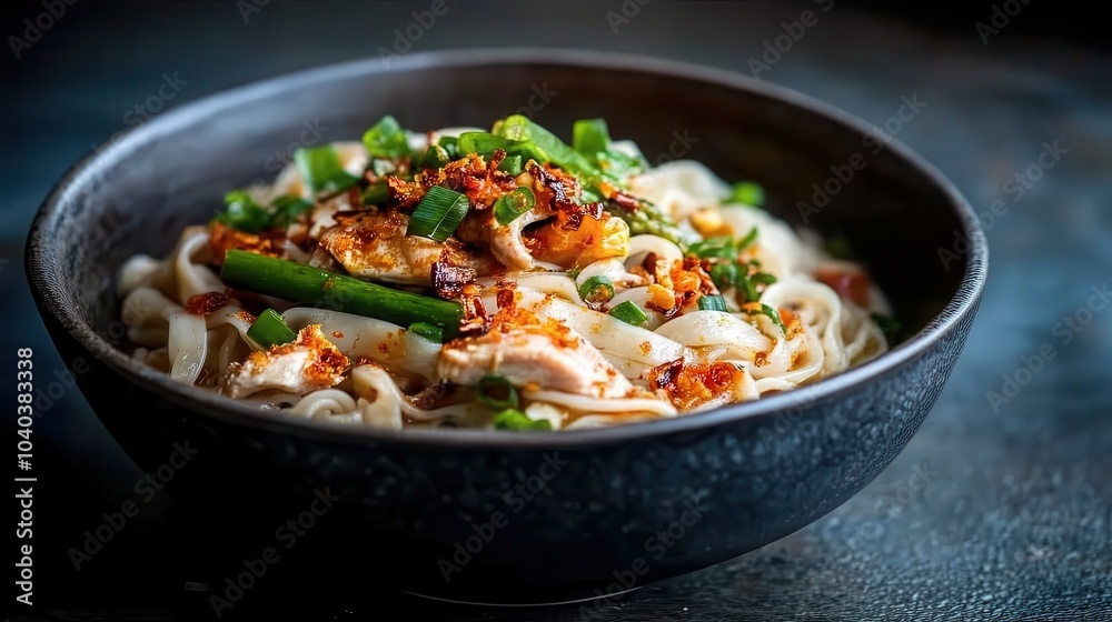 A bowl of steaming noodles topped with savory toppings, including spices and vegetables, presenting a delightful blend of flavors to entice your taste buds warmly. A bowl of steaming noodles topped with savory toppings, including spices and vegetables, presenting a delightful blend of flavors to entice your taste buds warmly.