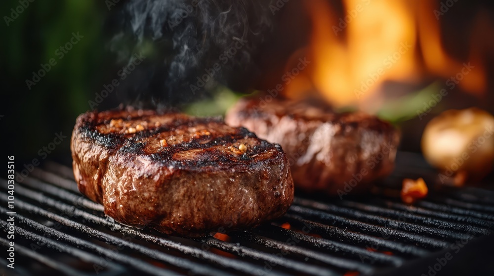 Thick, juicy steaks sizzling and grilling over an open flame, showcasing savory flavor and culinary prowess in outdoor cooking settings for meat lovers. Thick, juicy steaks sizzling and grilling over an open flame, showcasing savory flavor and culinary prowess in outdoor cooking settings for meat lovers.