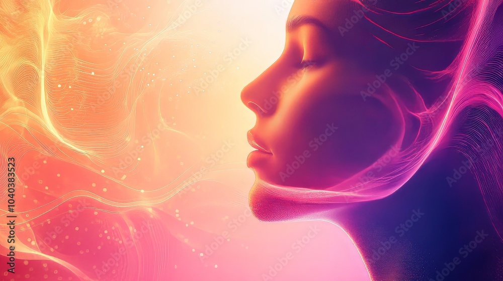 Photorealistic Background of Woman Immersed in Sound Waves, Meditation, Wellness, and Serenity Photorealistic Background of Woman Immersed in Sound Waves, Meditation, Wellness, and Serenity