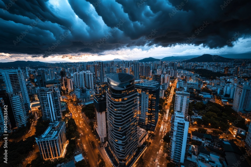 Gothic city skyline under a stormy sky, with towering buildings ...