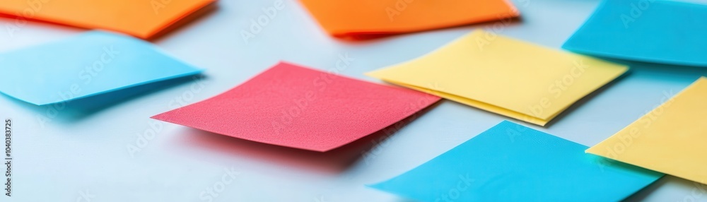 A colorful arrangement of sticky notes in various shades on a light blue surface, perfect for brainstorming and organization. A colorful arrangement of sticky notes in various shades on a light blue surface, perfect for brainstorming and organization.