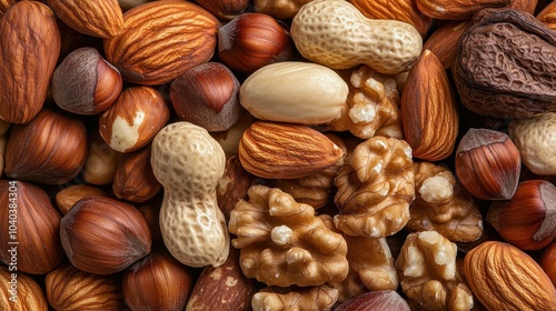 A rich collection of nuts featuring almonds, walnuts, and peanuts. Ideal for nutrition enthusiasts, emphasizing wholesome and natural food choices.