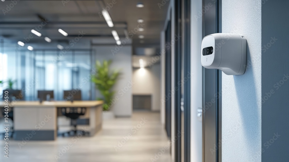 Modern office environment featuring an advanced security device enhancing workplace safety and surveillance Modern office environment featuring an advanced security device enhancing workplace safety and surveillance
