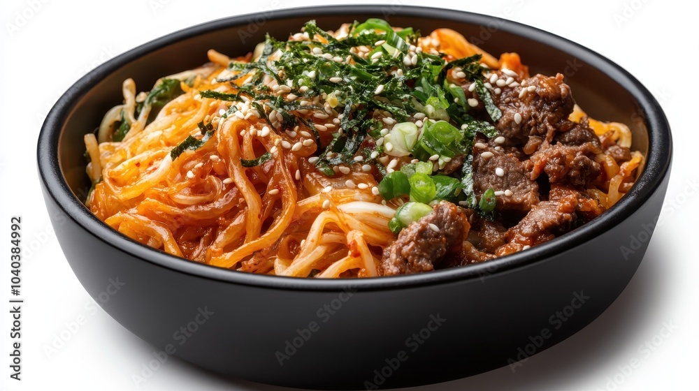 A mouthwatering bowl of Asian noodles topped with savory beef, fresh green onions, seaweed, and sesame seeds, creating a perfect blend of flavors and textures. A mouthwatering bowl of Asian noodles topped with savory beef, fresh green onions, seaweed, and sesame seeds, creating a perfect blend of flavors and textures.