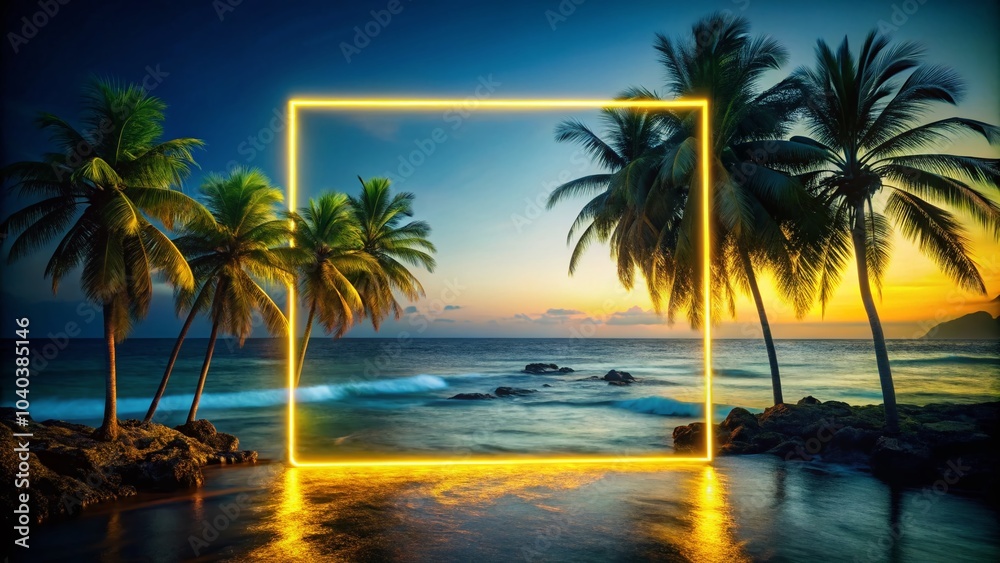 Obraz premium Yellow Neon Frame at Night by the Sea with Palm Trees - Stunning Tilt-Shift Photography